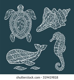 Handmade stylized set of zentangle turtle, whale, sea horse, shell. Sea collection for your design.