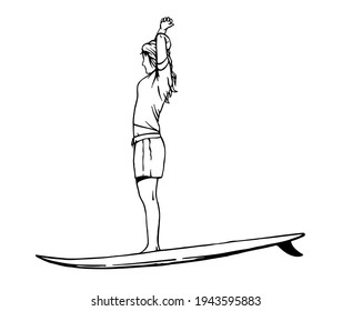 Handmade, stylized, vector illustration with linear lines of surfer doing stretching.