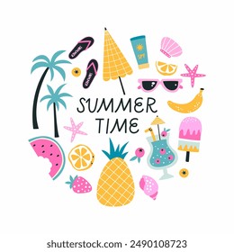 Handmade summer set. Ice cream, beach elements, cocktails. The inscription "Summer Time". Vector illustration
