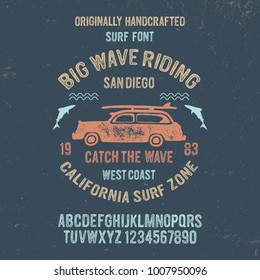 Handmade Surf Font and badge. Vector