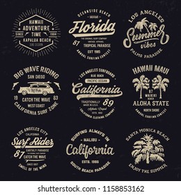 Handmade Surf set. Vintage Badges collection. T shirt gpaphics for print and other user. Vector.