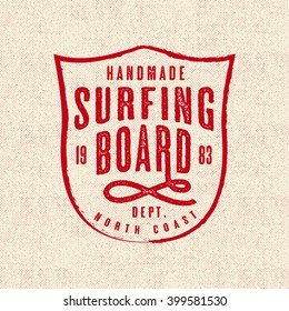 Handmade Surfing Board print for t-shirt or apparel. Retro shield shaped graphic for fashion or printing. Design with Old school letters, summer and surf vibe. Vintage effects are easily removable.