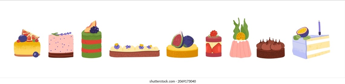 Hand-made sweets and cakes decorated with flowers, fruits, and berries vector. Realistic craft desserts with mousse, creme, custard, chocolate, pastry, sponge, jelly. Home confectionery market concept