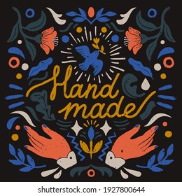 Handmade symmetric vector composition - vintage elements in stamp print style on dark background. Vintage vector illustration for banners and cards