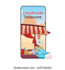Handmade tableware cartoon smartphone vector app screen. Crafted ceramics. Eastern fair, bazaar. Mobile phone display with flat character design mockup. Souk application telephone interface