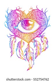 handmade talisman. Dreamcatcher with feathers. Vector illustration isolated. Ethnic design, Boho chic, heart, tribal symbol. Tattoo, printing, fashion style, eyes, beauty, 
love, 60s, LSD, DMT, trip
