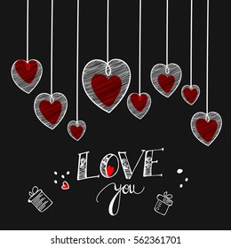 Handmade text, Typography "Love You" Greeting Card design for Happy Valentine's Day.