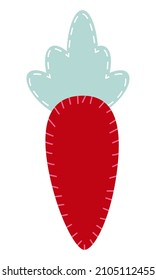 Handmade textile red carrot with blue tops. Clipart.