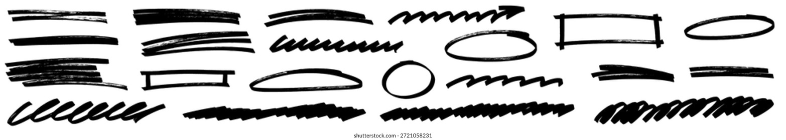 Handgefertigte strukturierte Formen mit Marker und Pinsel auf Papier gezeichnet, ein fettes Highlight betont jede Linie. Organische Unterstriche auf Papier verleihen jedem Unterstrich der Linie Details und heben die Energie hervor.
