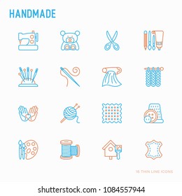 Handmade thin line icons set: sewing machine, knitting, needlework, drawing, embroidery, scissors, threads, yarn, pin. Modern vector illustration.