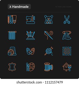 Handmade thin line icons set: sewing machine, knitting, needlework, drawing, embroidery, scissors, threads, yarn, pin. Modern vector illustration.