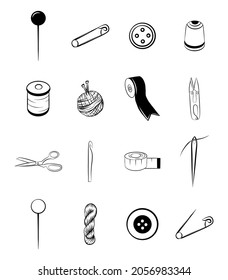 Handmade tools icon set isolated graphic outline shape sewing needle button roulette ribbon pin scissors yarn hook knitting thread ravel embroidery craft doodle emblem sign clip art