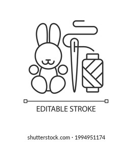 Handmade toys linear icon. Amigurumi bunny. Handcrafted pieces for children. Plush rabbit. Thin line customizable illustration. Contour symbol. Vector isolated outline drawing. Editable stroke