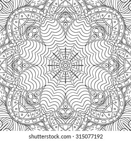 Handmade tracery carpet texture, seamless. Hand-drawn curved lines, loops, doodling tile design. Asian mehndi style.  For textile, printing, building materials, plates, dish, tableware. Vector.