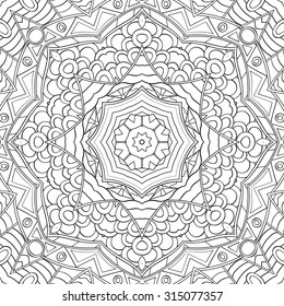 Handmade tracery carpet texture, seamless. Hand-drawn curved lines, loops, doodling tile design. Asian mehndi style.  For textile, printing, building materials, plates, dish, tableware. Vector.