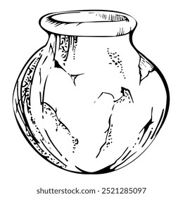 Handgefertigte traditionelle Keramik-Vase aus Ton, handgezeichnete Tinte, Vektorgrafik. Einzelnes Objekt einzeln auf weißem Hintergrund. Design Reisen, Urlaub, Broschüre, Druck, Café Restaurant Menü, Shop.