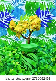 A handmade tree with yellow crown in the green pot surrounded by lush artificial weed and grass against the background with blue palm leaves; a summer-vibes vector illustration and digital painting