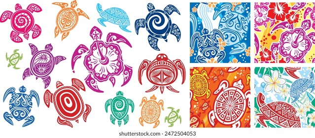 Handmade Turtles in Maori tattoo style and Seamless pattern, Handmade vector not AI