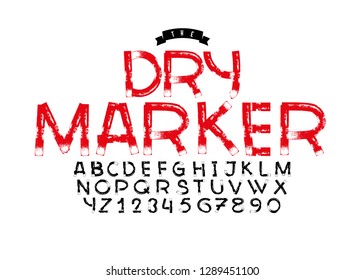 HandMade Typeface 'Dry Marker'. Custom handwritten alphabet. Original Letters and Numbers. Vintage retro textured hand drawn type with grunge effect. Vector illustration.