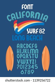 HandMade Typeface 'Surf Font'. Surfing Summer Font. Custom handwritten surfers alphabet. Original Letters and Numbers. Vintage retro hand drawn type for shirt logo print. Vector illustration.