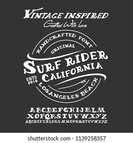 HandMade Typeface 'Surf Font'. Surfing Summer Font. Custom handwritten surfers alphabet. Original Letters and Numbers. Vintage retro hand drawn type for shirt logo print. Vector illustration.