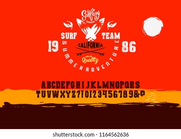 HandMade Typeface 'Surf Font'. Surfing Summer Font. Custom handwritten surfers alphabet. Original Letters and Numbers. Vintage retro hand drawn type for shirt logo print. Vector illustration.