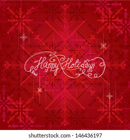 Handmade Typography in calligraphy style Happy Holidays-Greeting Card with stripe pattern and snowflakes and red, gradient background