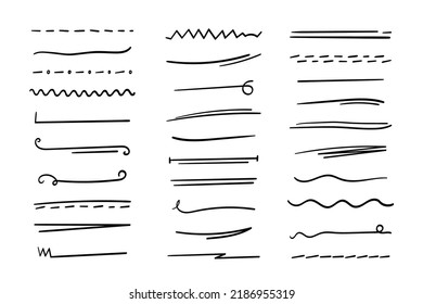 Handmade underlines set. Hand-drawn dividers, separators, borders, collection of doodle style various art elements for text decoration. Isolated. Vector illustration