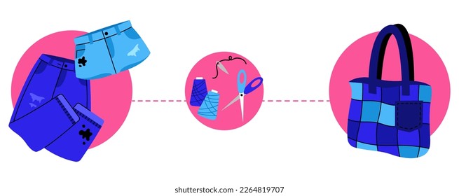 Concepto artesanal y de ciclismo. Bolso de bricolaje hecho de jeans. Ilustración vectorial de coser, reutilización de tela, consumo razonable.