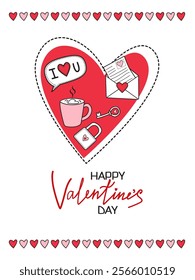 Handmade Valentine's Day cards. Cup of hot coffee, greeting message, love message. Outline vector doodles on the theme of love, romance, february 14 in doodle style. For banner, postcard, cover