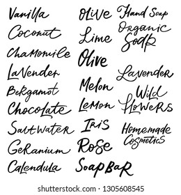 Handmade vanilla, coconut, chamomile, lavender, bergamot, chocolate, geranium, calendula, olive, lime, melon, lemon, iris, rose and wild flowers soap bar labels with handdrawn lettering