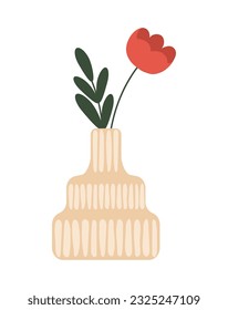 Handgefertigte Vase mit Blumenkonzept. Einrichtung und Dekoration, Ästhetik und Eleganz. Aufkleber für soziale Netzwerke und Boten. Cartoon-FlachVektorgrafik einzeln auf weißem Hintergrund