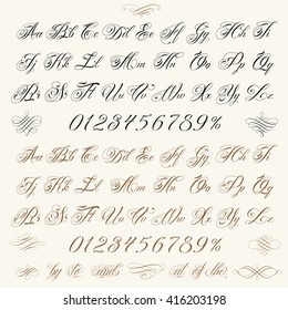 Handmade vector calligraphy tattoo alphabet with numbers and decorative elements.
