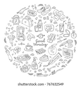 Handmade vector draw doodle illustration of morning and breakfast in circle shape.