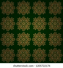 Handmade vector golden elements on green background. Vintage seamless floral pattern. Decoration for fabric, textile, interior.