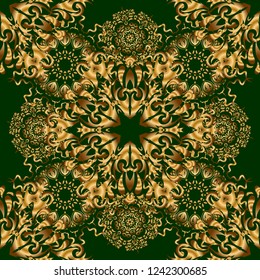 Handmade vector golden elements on green background. Vintage seamless floral pattern. Decoration for fabric, textile, interior.