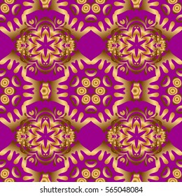 Handmade vector golden elements on purple background. Vintage seamless floral pattern. Decoration for fabric, textile, interior.