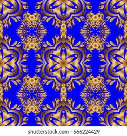Handmade vector golden elements on blue background. Vintage seamless floral pattern. Decoration for fabric, textile, interior.