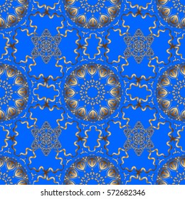 Handmade vector golden elements on blue background. Vintage seamless floral pattern. Decoration for fabric, textile, interior.