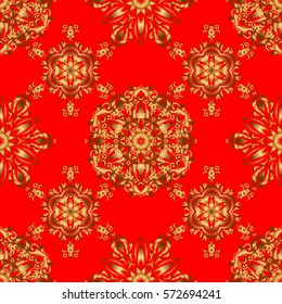 Handmade vector golden elements on red background. Vintage seamless floral pattern. Decoration for fabric, textile, interior.