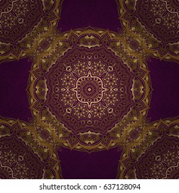 Handmade vector golden elements on purple background. Vintage seamless floral pattern. Decoration for fabric, textile, interior.