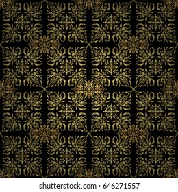 Handmade vector golden elements on black background. Vintage seamless floral pattern. Decoration for fabric, textile, interior.