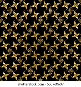 Handmade vector golden elements on black background. Vintage seamless floral pattern. Decoration for fabric, textile, interior.