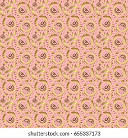 Handmade vector golden elements on pink background. Vintage seamless floral pattern. Decoration for fabric, textile, interior.