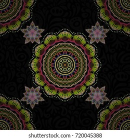 Handmade vector green and pink elements on black background. Vintage seamless pattern. Decoration for fabric, textile, interior.