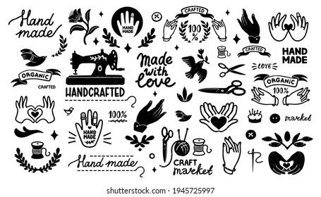 Handmade vector icons set - vintage elements in stamp style and home made letterings. Vintage vector illustration for banner and label design.