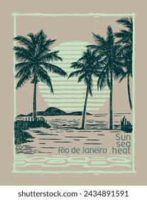 Handmade vector illustration of a beach landscape in the city of Rio de Janeiro. Art in simple lines for prints, decoration, etc.