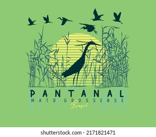 Handmade vector illustration of bird silhouette in graphic representation of the Pantanal Matogrossense in Brazil.