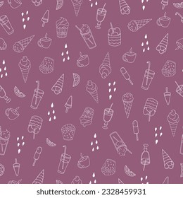 Handmade vector illustration for cafe design. Seamless pattern of glassware, cakes, sweets, ice-creams. Doodle style.