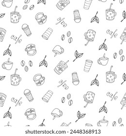 Handmade vector illustration for cafe design. Seamless pattern of glassware, cakes, coffee. Doodle style.